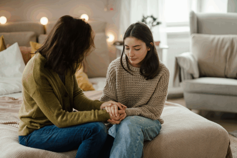 Mother and teen daughter sharing a moment of connection during Thanksgiving mental health gratitude activities